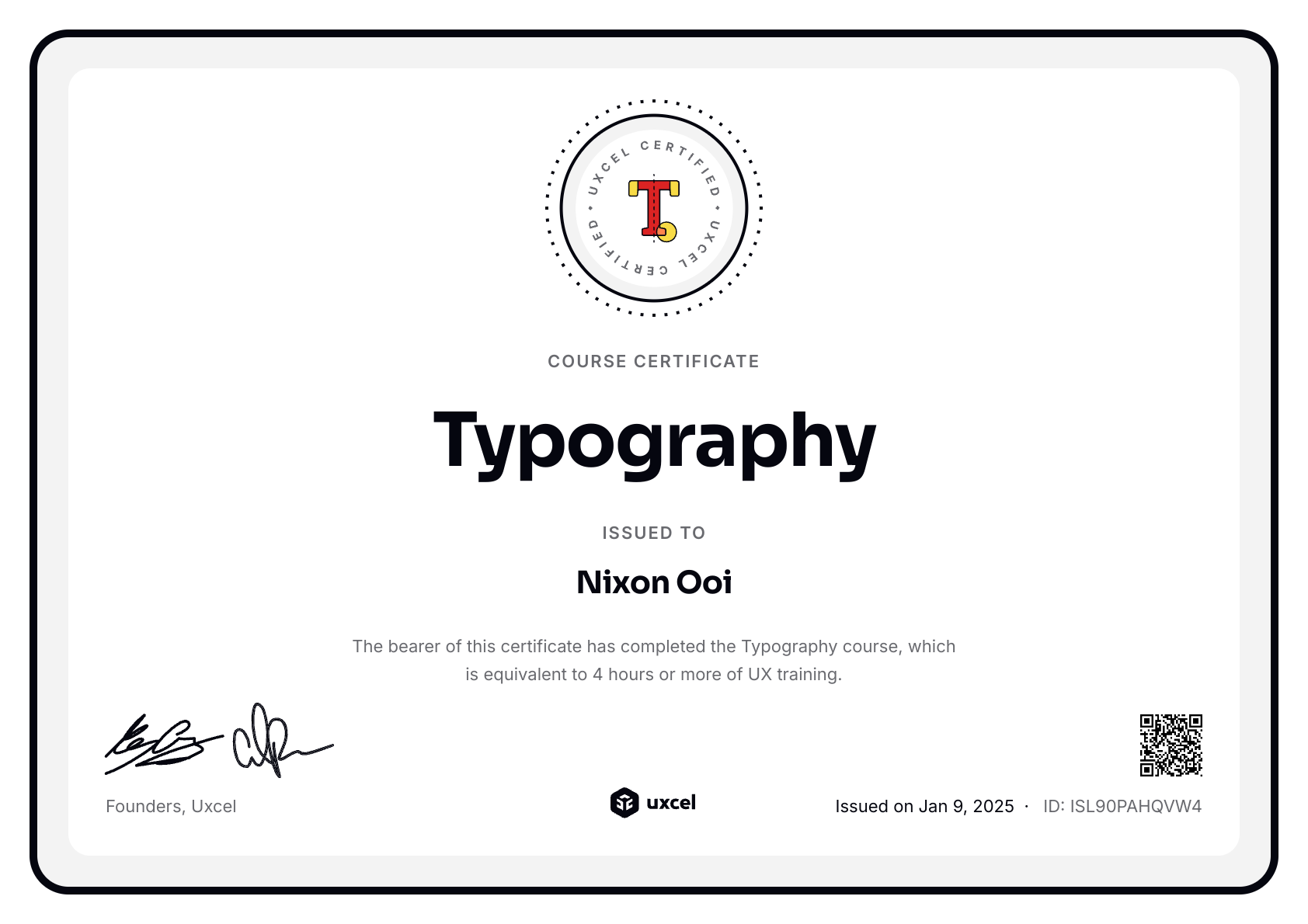 Nixon Ooi's certificate